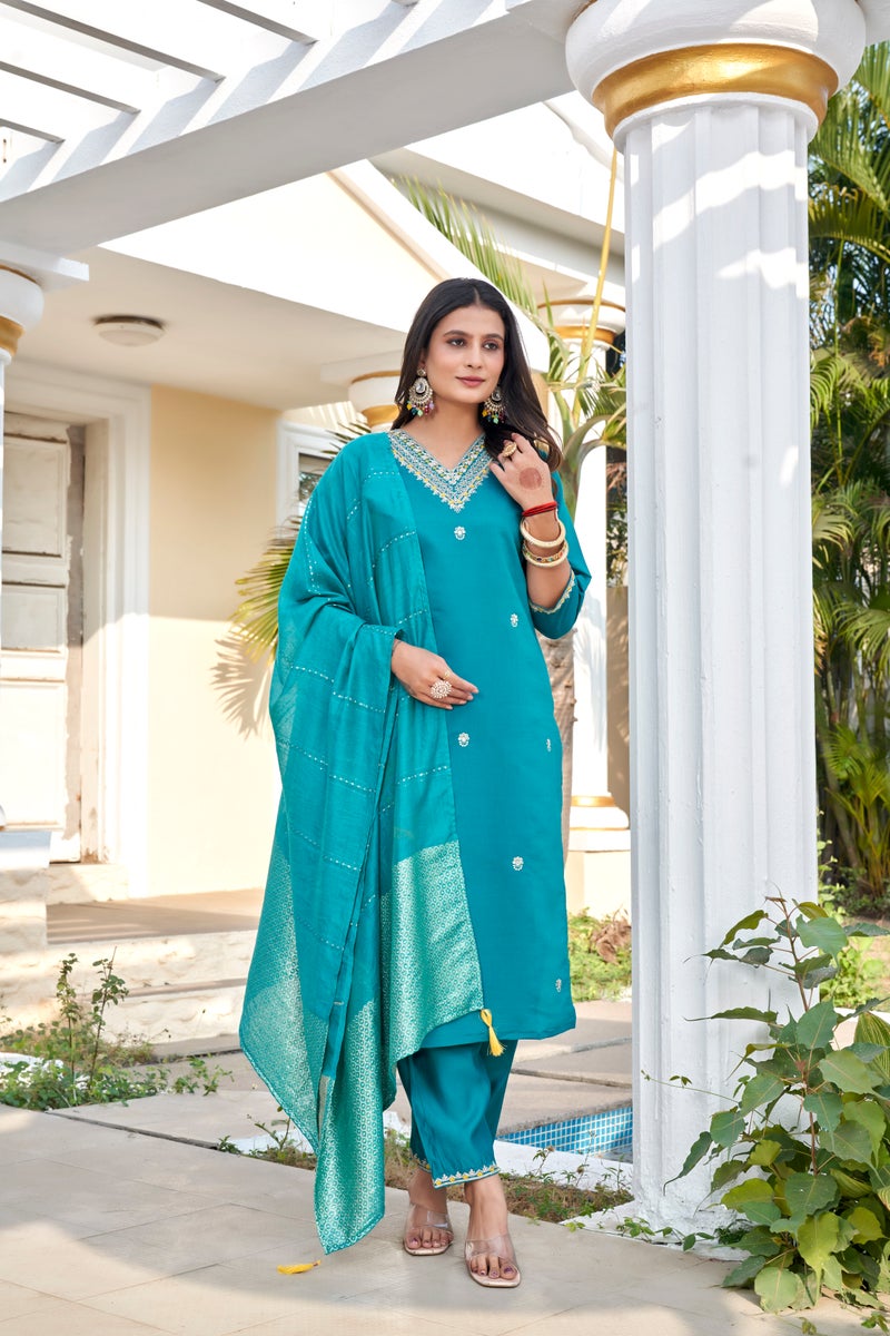 VISHVA CREATION Aqua Embroidered Kurta Set for Women - Image 1